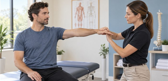 Chiropractor assessing a patient's arm with gentle muscle testing in La Verne